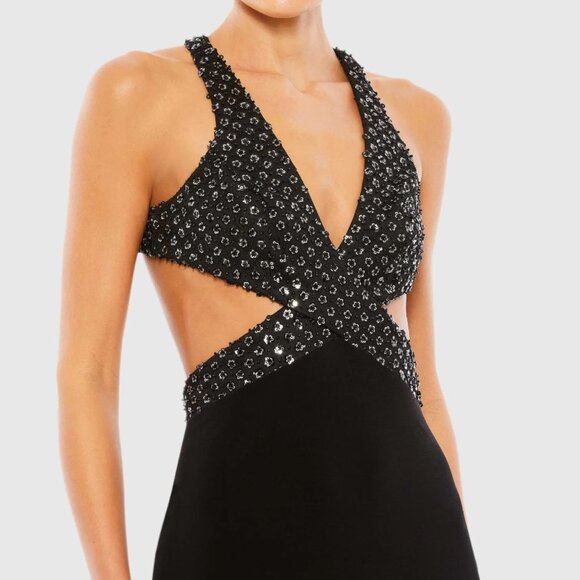 NWT | Mac Duggal 68166 Black Deep V Cut Out Criss Cross Floral Sequin Gown 6 - Picture 3 of 9